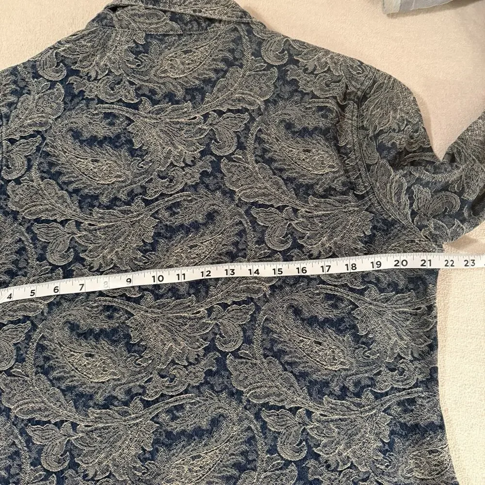 Chicos Denim Jacket Sz 2 (LG 12) Paisley Brocade Casual Lightweight‎ 100% Cotton